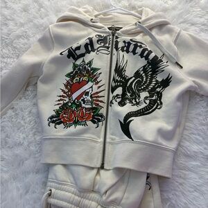 Ed Hardy Off-White Hoodie with Heart and Dragon Design